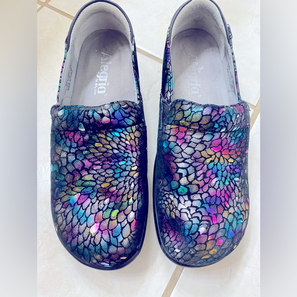 Alegria Clogs.  Multi colored